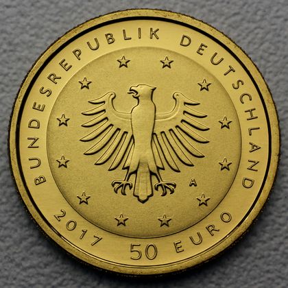 Kehrseite der 50 Euro Goldmünze "Lutherrose" 2017