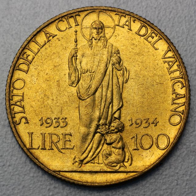 Goldmünze 100 Lira Vatikan Pius XI. Jubilee 1933-1934