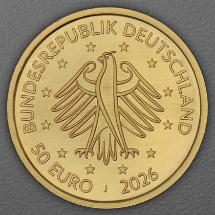 Kehrseite der 50 Euro Goldmünze "Gestaltung" 2026 der Serie "Deutsches Handwerk"