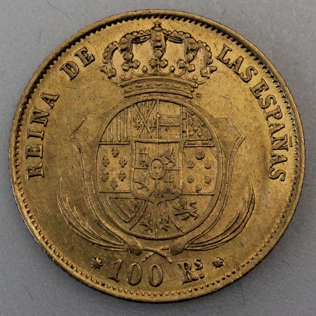 100 Real Goldmünze Spanien Isabella 1855