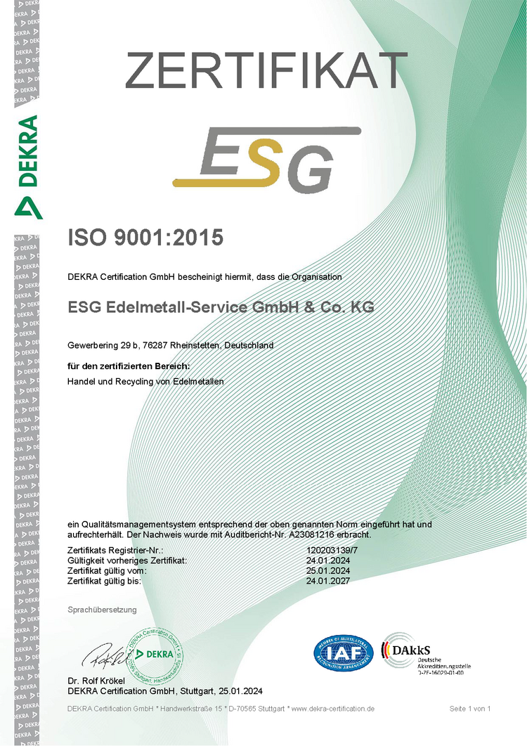 ESG ISO 9001:2015 Zertifikat