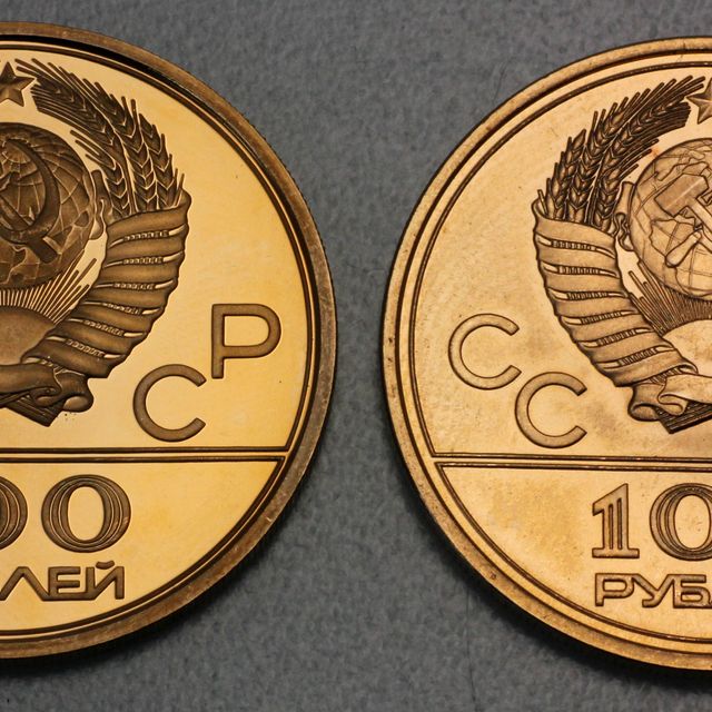 100 Rubel Goldmünze Olympiade Moskau Zahlseite Spiegelglanz - Prägefrisch