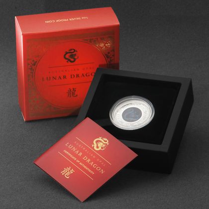 "Australian Opal Lunar"-Serie 2024, Silbermünze Drache in der Ausführung Polierte Platte in Verpackung