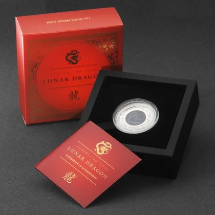 "Australian Opal Lunar"-Serie 2024, Silbermünze Drache in der Ausführung Polierte Platte in Verpackung