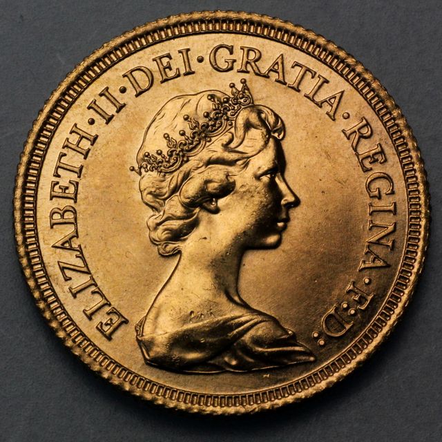 Sovereign Münze Königin Elisabeth II Kopfseiten Versionen ab 1974 und ab 1985