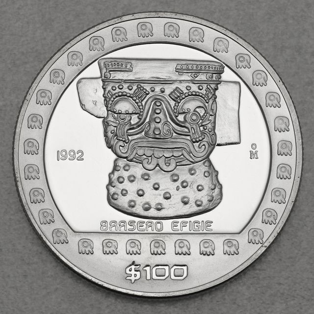 Silbermünze 1oz Mexiko Präkolumbische Kulturen - Azteken 1992 Tlaloc