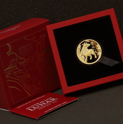 Lunar III, 1oz Goldmünze in der Ausführung Polierte Platte mit Verpackung, Ochse, 2021