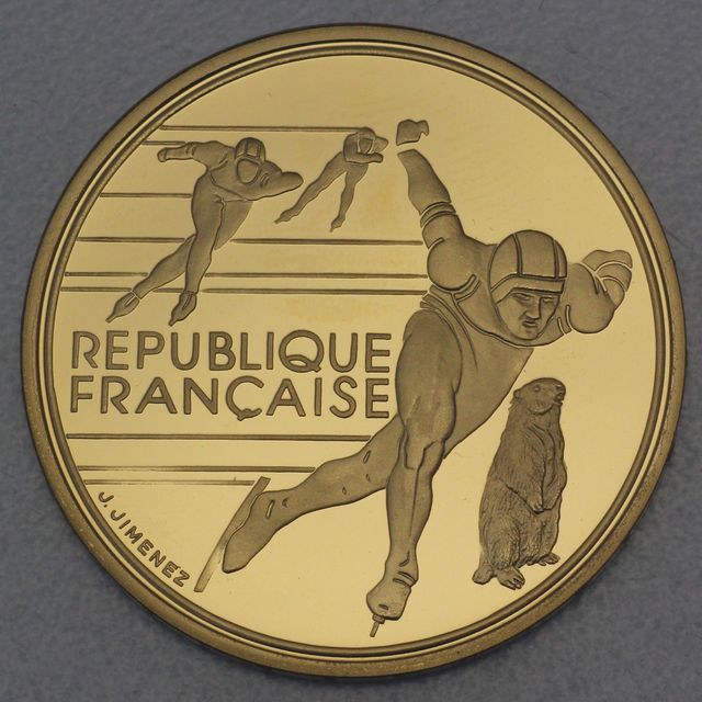 Goldmünze 500 Francs Frankreich 1990 - Olympiade 1992 Albertville, Speed-Skating