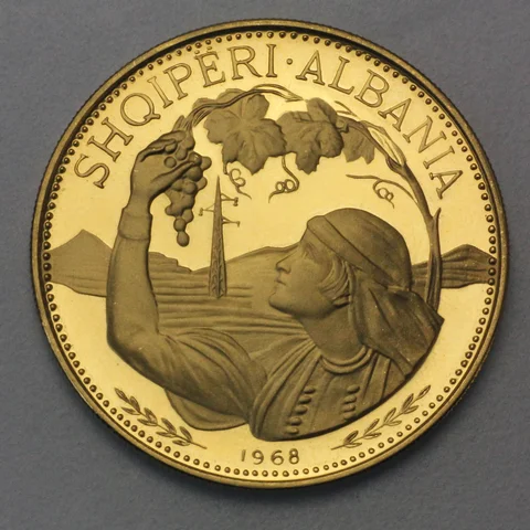 100 Leke Goldmünze Albanien 1968 - Bäuerin bei der Weinlese