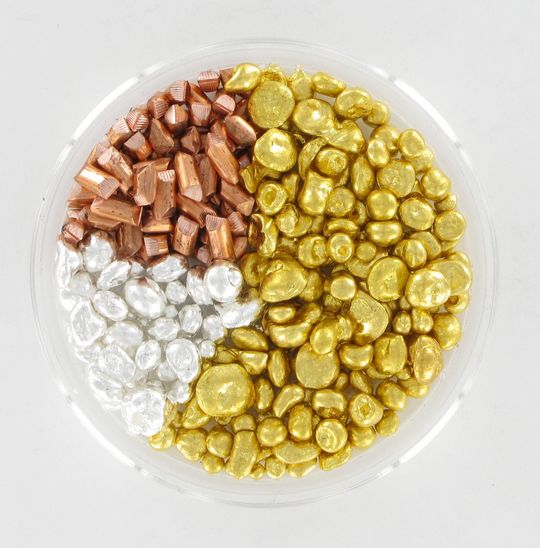 Beispiel für die Zusammensetzung von 585er Gelbgold mit 58,5% Goldanteil + Kupfer + Silber
