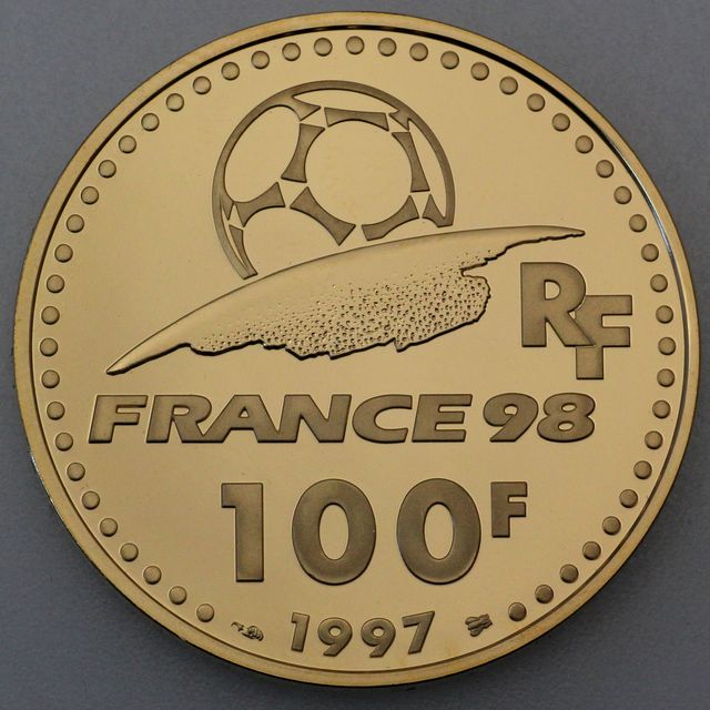 Goldmünze 100 Francs Frankreich 1997 - Fußball Weltmeisterschaft 1998