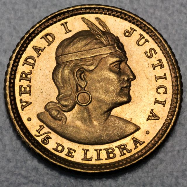 1/5 Libra Goldmünze Peru Verda I Justicia 1965