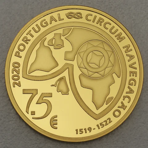 Goldmünze 7,5 Euro Portugal 2020 - 500. Jahrestag der Weltumsegelung, Entdeckung der Magellanstraße durch Ferdinand Magellan 1520
