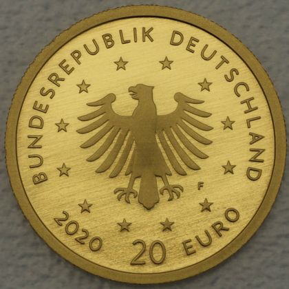 Kehrseite der 20 Euro Goldmünze "Weißstorch" 2020 der Serie "Heimische Vögel"