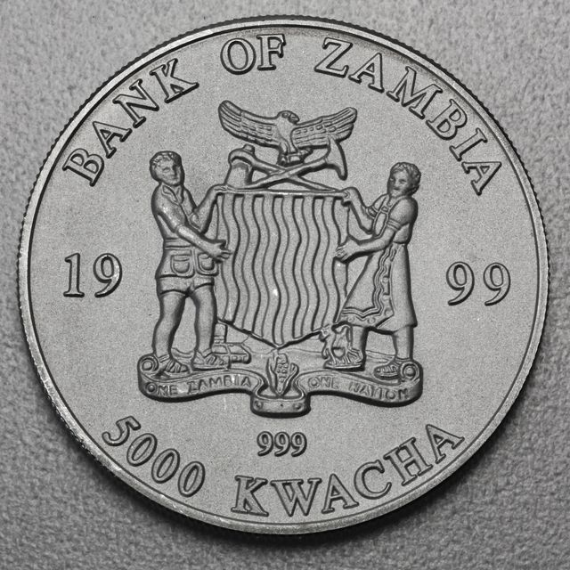 Silbermünze 1oz Zambia Elefant Wertseite mit Wappen von Sambia