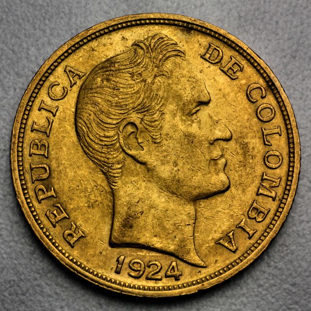 10 Pesos Goldmünze Columbien Diez Pesos Republica Colombia Simon Bolivar 1924