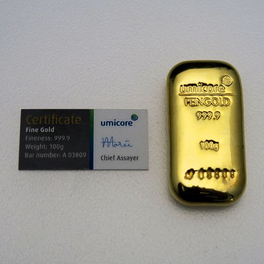 Goldbarren 100g UMICORE gegossen mit Zertifikat
