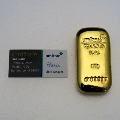 Goldbarren 100g UMICORE gegossen mit Zertifikat
