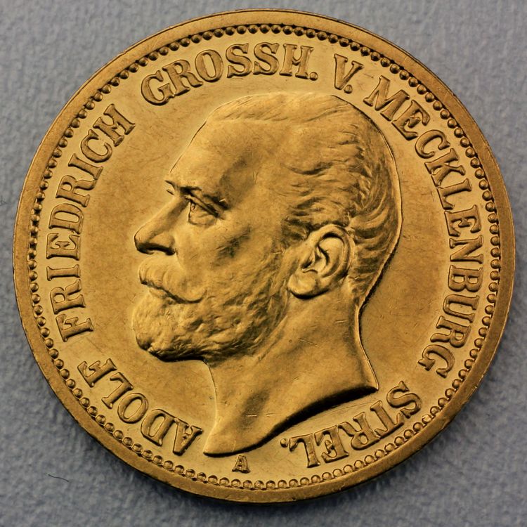 20 Reichsmark Goldmünze Adolf Friedrich - Mecklenburg-Strelitz - Prägejahr 1905 Jäger Nr. 240