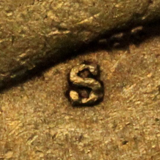 Prägezeichen S Sydney unterhalb des Portrais von Königin Victoria auf der Kopfseite der Sovereign Goldmünzen Australiens.