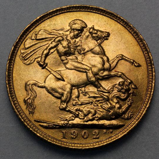 Sovereign Goldmünze König Eduard VII Rückseite mit Heiligem Georg beim Kampf mit dem Drachen