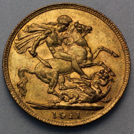 Sovereign Goldmünze George V Rückseite mit heiligem Georg beim Kampf mit dem Drachen