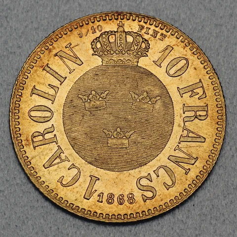10 Francs Carolin Carl CV Goldmünze Schweden 1868