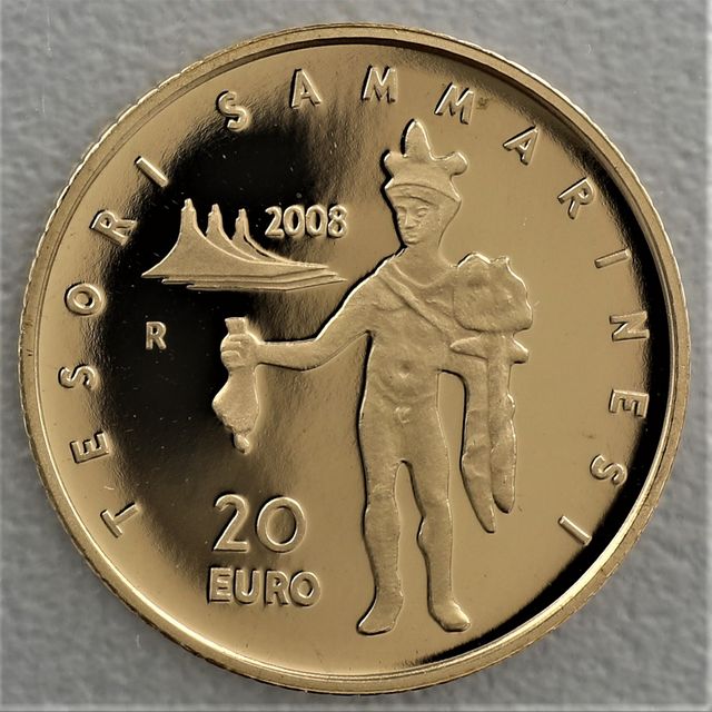 20 Euro Goldmünze San Marino 2008 Römische Bronzefigur des Merkur aus dem Fund von Domagnano