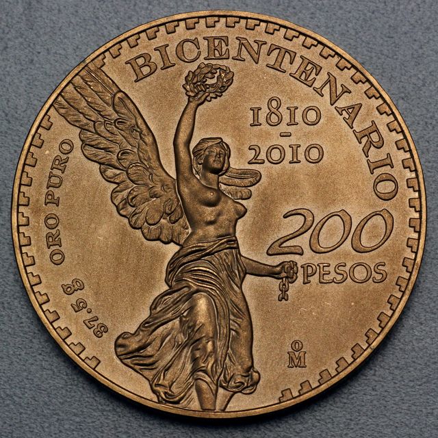 200 Peso Sonderprägung zum 100 Jahres Jubiläum 2010. Maße und Gewichte identisch alten 50 Pesos Centenario
