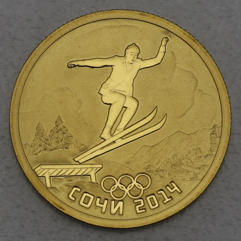 50 Rubel Goldmünze Russland 2014 Historisches Skispringen / Olympiade Sotchi