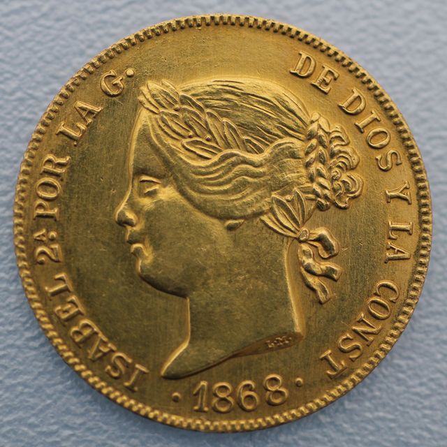 4 Pesos Goldmünze Philipinen Reina de las Espanas Filipinas Isabel 2. Por La G De Dios y la Const 1868