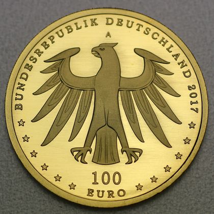 Kehrseite der 100 Euro Goldmünze "Luthergedenkstätten Eisleben & Wittenberg" 2017