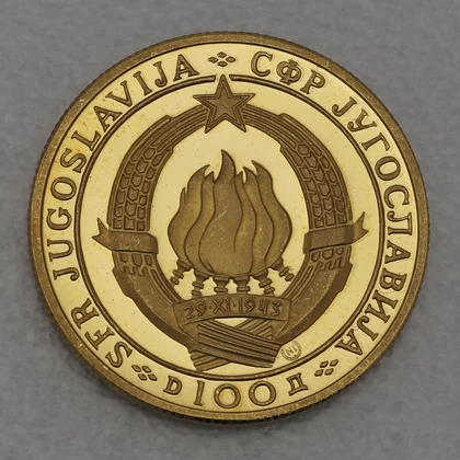 100 Dinar Goldmünze Jugoslawien 1968 "25. Jahrestag der jugoslawischen Republik"