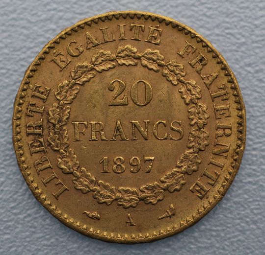 Französiche 20 Francs Goldmünze Rückseite Französiche 20 Francs Goldmünze Rückseite