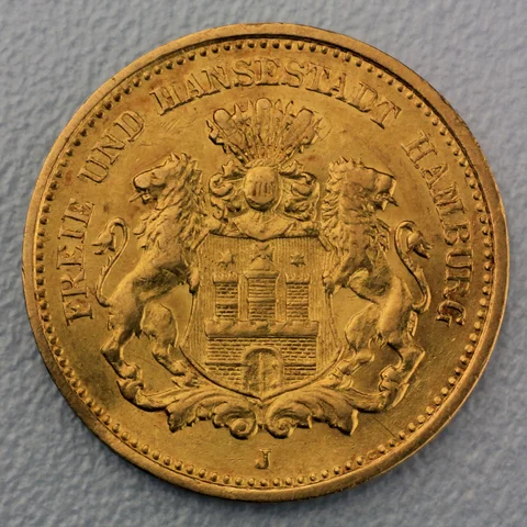 5 Reichsmark Goldmünze Hamburg Prägejahr 1877 Jäger Nr. 208