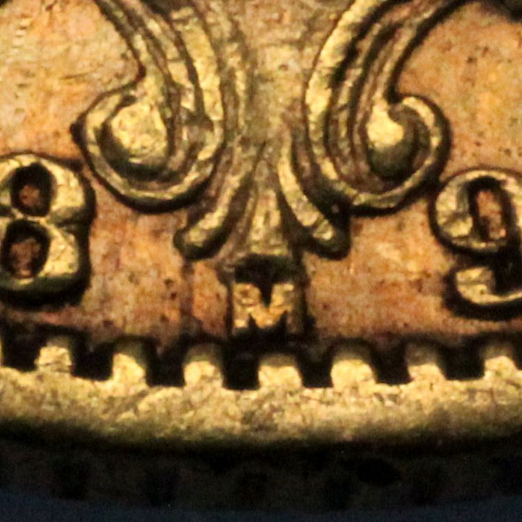 Prägezeichen M Melbourne unterhalb des Wappens auf der Rückseite eines halben Sovereign Königin Victoria mit Krone