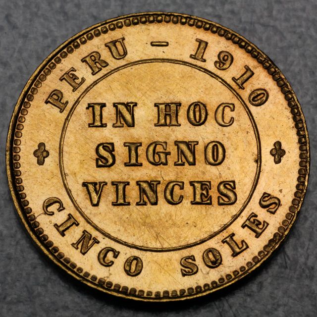 5 Soles  Goldmünze Peru In Hoc Sifno Vinces 1910 Obolo Popular Patriotico
