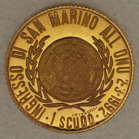 1 Scudo Goldmünze San Marino 1992 - Beitritt zu den Vereinten Nationen