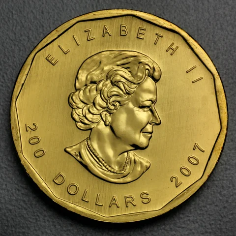Beispiel Maple Leaf 1oz Gold Sonderprägung Jahrgang 2007 aus 999,99er Feingold