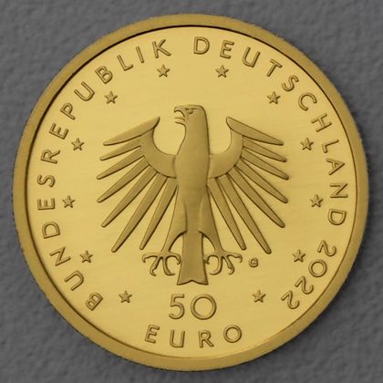 Kehrseite der 50 Euro Goldmünze "Konzertgitarre" 2022 der Serie "Musikinstrumente" 