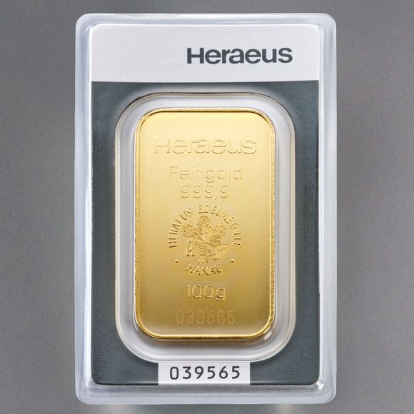 geprägter 100g Goldbarren Heraeus