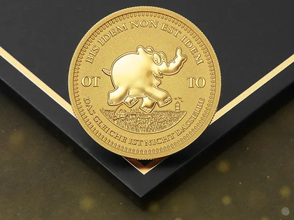 Zu sehen ist die Goldmünze zu 1oz mit einem Ottifant aus dem Jahr 2024. Der Titel ist "Bis Idem Non Est Idem" oder zu Deutsch "Das Gleiche ist nicht dasselbe"