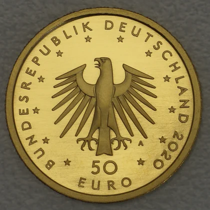 Kehrseite der 50 Euro Goldmünze "Orchesterhorn" 2020 der Serie "Musikinstrumente"
