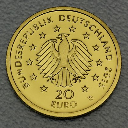 Kehrseite der 20 Euro Goldmünze "Linde" 2015 der Serie "Deutscher Wald"