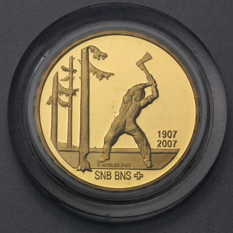 Goldmünze 50 Franken Schweiz 2007 - Der Holzfäller