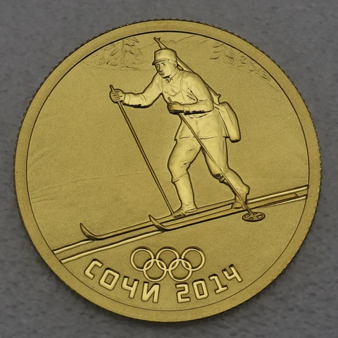 50 Rubel Goldmünze Russland 2014 Historischer Biathlon / Olympiade Sotchi
