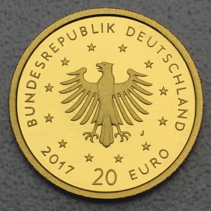 Kehrseite der 20 Euro Goldmünze "Pirol" 2017 der Serie "Heimische Vögel"