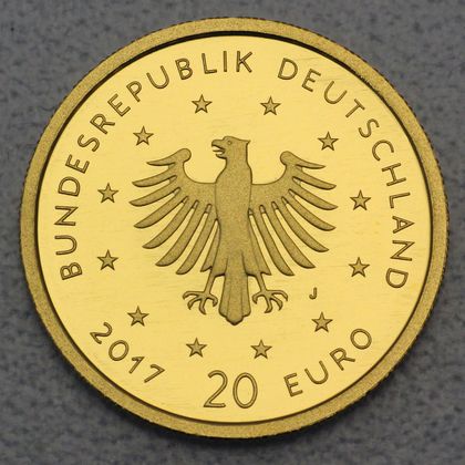 Kehrseite der 20 Euro Goldmünze "Pirol" 2017 der Serie "Heimische Vögel"