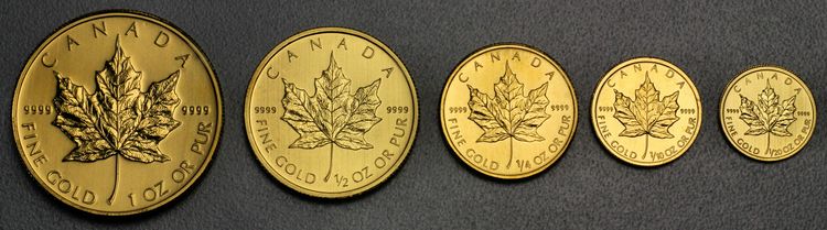 Goldmünze Maple Leaf Grössenübersicht 1oz, 1/2oz, 1/4oz, 1/10oz, 1/20oz