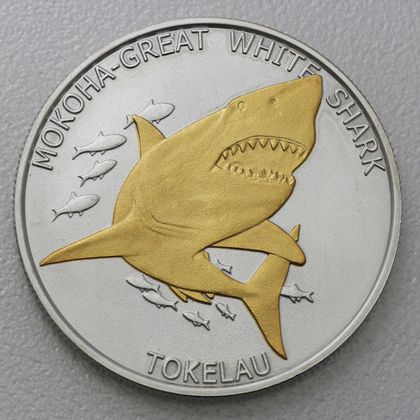 Silbermünze 1oz Territory of Tokelau 2015 - Mokaha-Great White Shark gilded